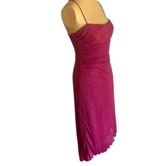 VTG 90s Y2K City Triangles Fusha Midi Rauched Sparkle Dress L Fairy High Low - Picture 6 of 16